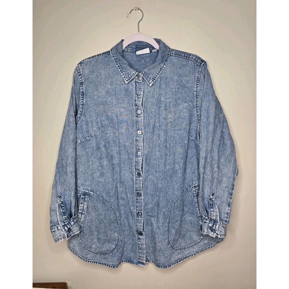 Joan Rivers Women's Blue Acid Washed Denim Tunic Button Down Shirt Large Petite